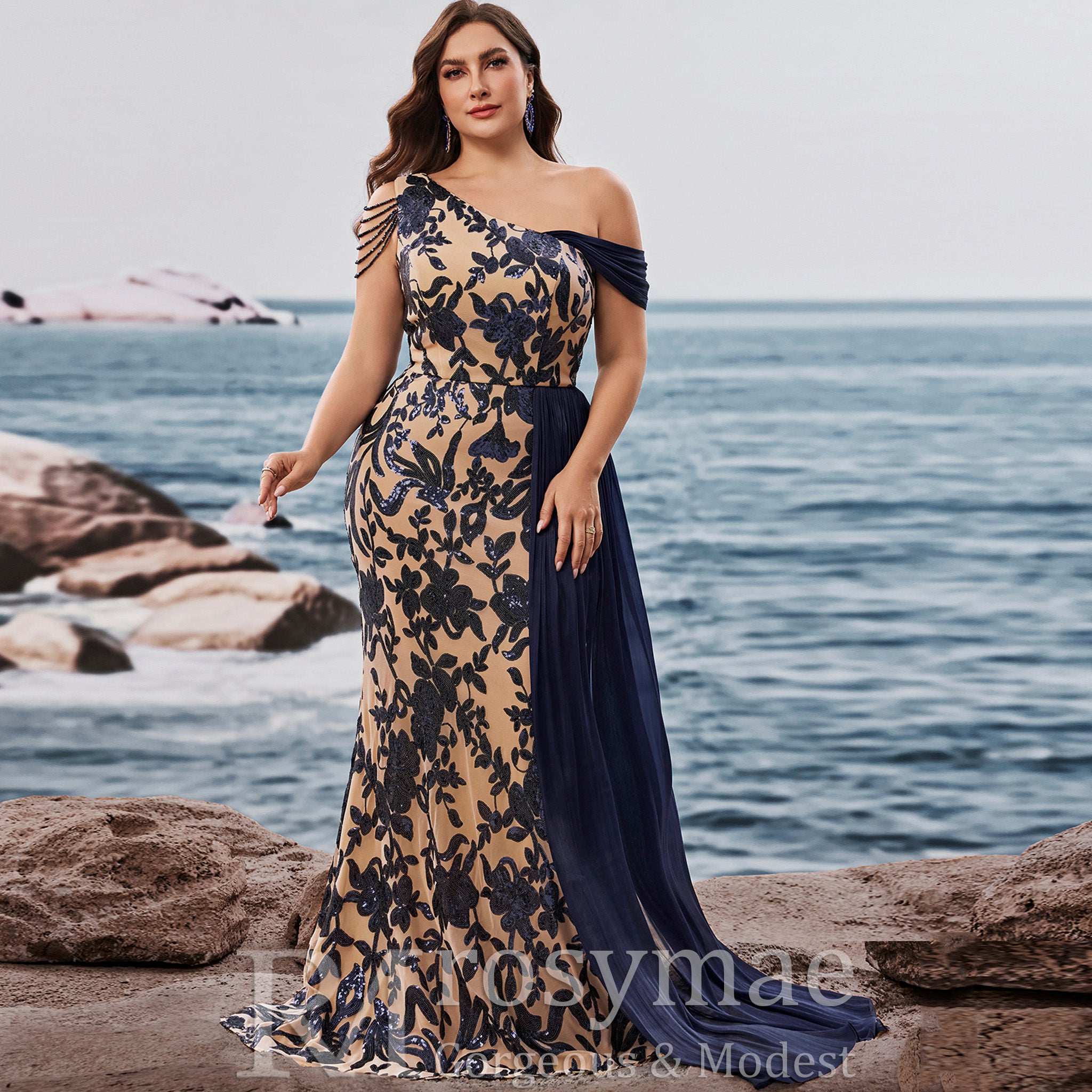 Plus Size One Shoulder Floral Mermaid Prom Gown with Draped Chiffon Navy Blue / 3XL Plus Size One Shoulder Floral Mermaid Prom Gown with Draped Chiffon Navy Blue / 3XL
