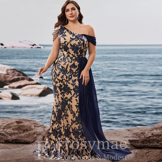 Plus Size One Shoulder Floral Mermaid Prom Gown with Draped Chiffon