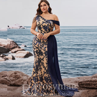 Plus Size One Shoulder Floral Mermaid Prom Gown with Draped Chiffon