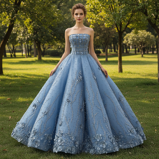 Blue Quinceañera Dress with 3D Floral and Pearl Appliqués Voluminous Skirt