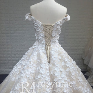 Off-the-Shoulder Ball Gown Wedding Dress with 3D Floral Appliques & Pearl Embellishments | Fairytale Princess Bridal Gown