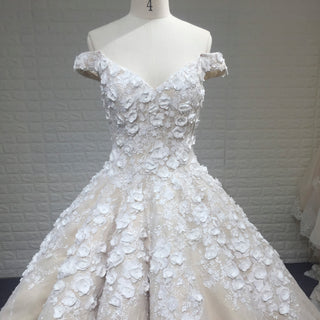 Elegant Off-the-Shoulder Wedding Ball Gown with Pearl Beading & 3D Floral Appliques | Classic Style