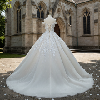 Elegant Luxury Off-the-Shoulder Ball Gown Wedding Dress with 3D Floral
