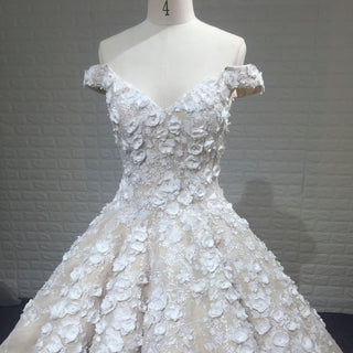 Designer Inspired Off-the-Shoulder Ball Gown with Pearls and 3D Floral Lace | Elegant Bridal Dress