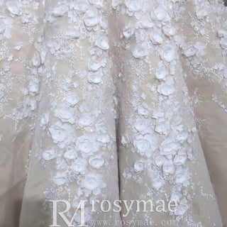 Off-the-Shoulder Ball Gown Wedding Dress with 3D Floral Appliques & Pearl Embellishments | Fairytale Princess Bridal Gown