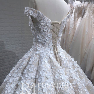 Off-the-Shoulder Ball Gown Wedding Dress with 3D Floral Appliques & Pearl Embellishments | Fairytale Princess Bridal Gown