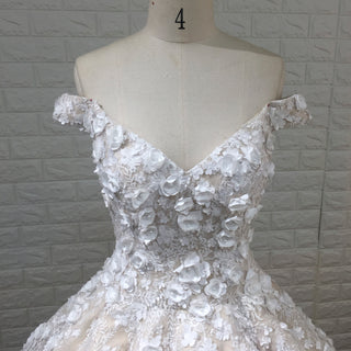 Off-the-Shoulder Princess Ball Gown with 3D Flowers and Pearl Accents | Dreamy Bridal Dress