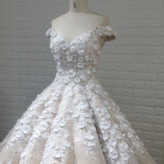 Glamorous Off-the-Shoulder Ball Gown with 3D Flower Details & Pearl Embellishments | Luxury Wedding Dress