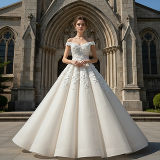 Elegant Luxury Off-the-Shoulder Ball Gown Wedding Dress with 3D Floral