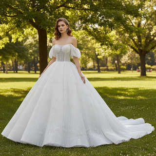 Sparkly Ball Gown Off the Shoulder Wedding Dress with Sheer Bodice