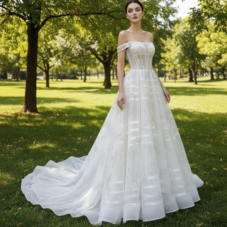 Beaded Floral Sheer Bodice Wedding Dress with Off the Shoulder