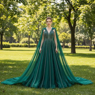 Sparkly Green Tulle Wedding Dress Formal Pageant Dress with Long Cape