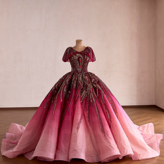 Burgundy-to-Pink Quinceanera Dress with Heavy Baroque Beading and Lace-Up Corset Back