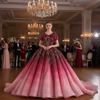Burgundy-to-Pink Quinceanera Dress with Heavy Baroque Beading and Lace-Up Corset Back