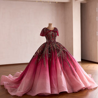 Burgundy-to-Pink Quinceanera Dress with Heavy Baroque Beading and Lace-Up Corset Back
