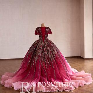 Burgundy-to-Pink Quinceanera Dress with Heavy Baroque Beading and Lace-Up Corset Back