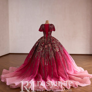 Burgundy-to-Pink Quinceanera Dress with Heavy Baroque Beading and Lace-Up Corset Back