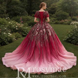 Burgundy-to-Pink Quinceanera Dress with Heavy Baroque Beading and Lace-Up Corset Back