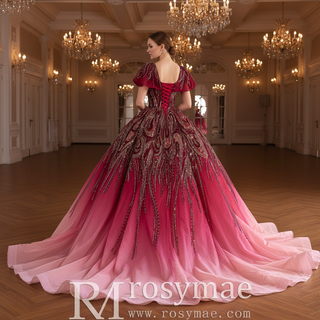 Burgundy-to-Pink Quinceanera Dress with Heavy Baroque Beading and Lace-Up Corset Back