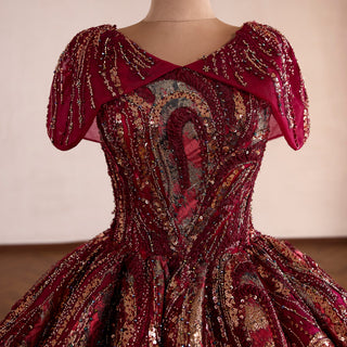 Burgundy-to-Pink Quinceanera Dress with Heavy Baroque Beading and Lace-Up Corset Back