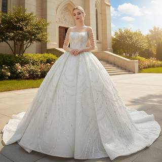 Sparkly Sheer Long Sleeve Puffy Skirt Ball Gown Wedding Dress