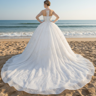 Sparkly Sheer Long Sleeve Puffy Skirt Ball Gown Wedding Dress