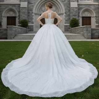 Sparkly Sheer Long Sleeve Puffy Skirt Ball Gown Wedding Dress