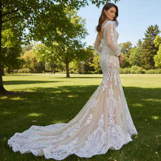 Illustion Neck Puffy Sleeved Mermaid Wedding Dress With Feather