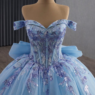 Quinceañera Dress with Corset Boning Glitter Tulle Skirt & Removable Sleeves