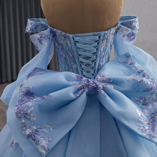 Quinceañera Dress with Corset Boning Glitter Tulle Skirt & Removable Sleeves