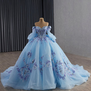 Quinceañera Dress with Corset Boning Glitter Tulle Skirt & Removable Sleeves