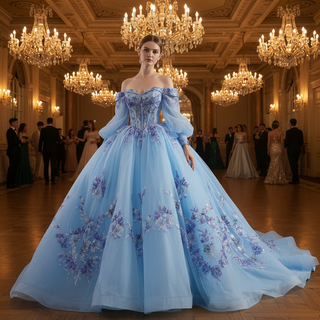 Quinceañera Dress with Corset Boning Glitter Tulle Skirt & Removable Sleeves