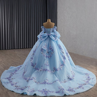Quinceañera Dress with Corset Boning Glitter Tulle Skirt & Removable Sleeves