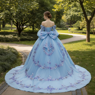Quinceañera Dress with Corset Boning Glitter Tulle Skirt & Removable Sleeves