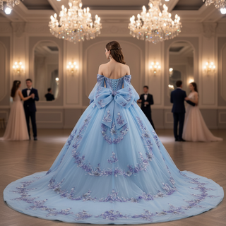 Quinceañera Dress with Corset Boning Glitter Tulle Skirt & Removable Sleeves