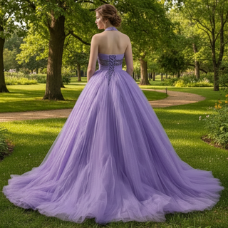 Lavender Sparkly Ruffle Wedding Gown Halter Neck Quinceanera Dress