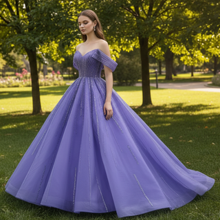 Beaded Lavender Ball Gown Quince Dress with Removable Sleeves