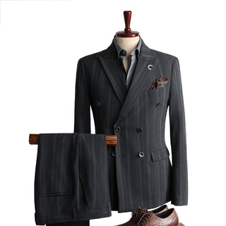 New Double breasted Cool Korean Fashion Slim Fit Grey Men's Suit Set
