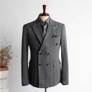 New Double breasted Cool Korean Fashion Slim Fit Grey Men's Suit Set