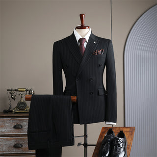 Double Breasted Striped White Groom's Wedding Suit Set