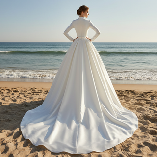Queen-ann Neck Long Sleeve Wedding Dress with High Back