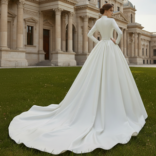 Queen-ann Neck Long Sleeve Wedding Dress with High Back