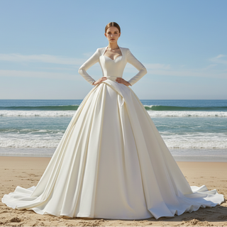 Queen-ann Neck Long Sleeve Wedding Dress with High Back