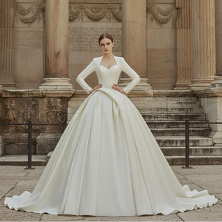 Queen-ann Neck Long Sleeve Wedding Dress with High Back