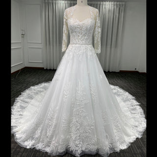 Modest Sweetheart Queen Anne Neckline Long Sleeve Wedding Dress