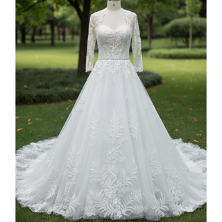 Modest Sweetheart Queen Anne Neckline Long Sleeve Wedding Dress