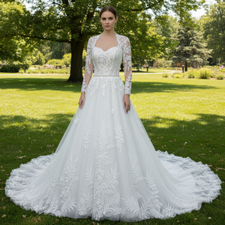 Modest Sweetheart Queen Anne Neckline Long Sleeve Wedding Dress