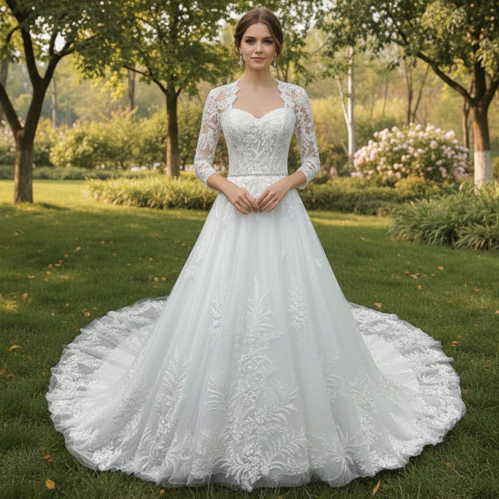 Queen Anne Wedding Dress with Long Sleeves | Online Bridal Shop - RosyMae Champagne / 18 Queen Anne Wedding Dress with Long Sleeves | Online Bridal Shop - RosyMae Champagne / 18