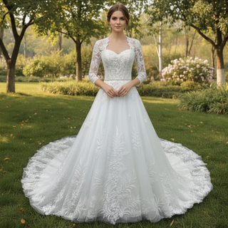 Modest Sweetheart Queen Anne Neckline Long Sleeve Wedding Dress
