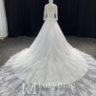 Modest Sweetheart Queen Anne Neckline Long Sleeve Wedding Dress